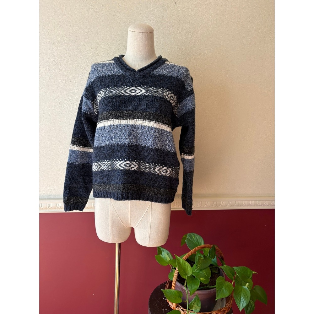 Vintage St Johns Bay Blue Fair Isle Stripe V-Neck Wool Blend Knit Sweater PS 90s